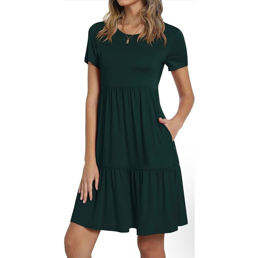 Berryou Short Sleeve T-Shirt Dresses Casual Ruffle Swing Dress with Pockets